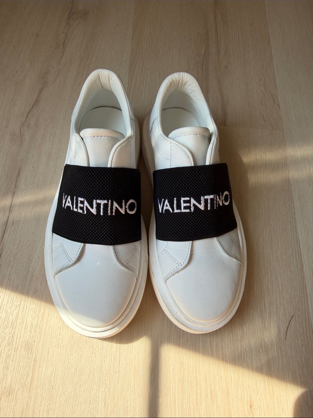 Valentino White Leather Slip-On Sneakers with Black Logo Band